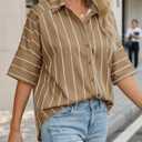 Cicy Bell Women Striped Button Down Shirt Short Sleeve Collared Blouse Tops (Brown)