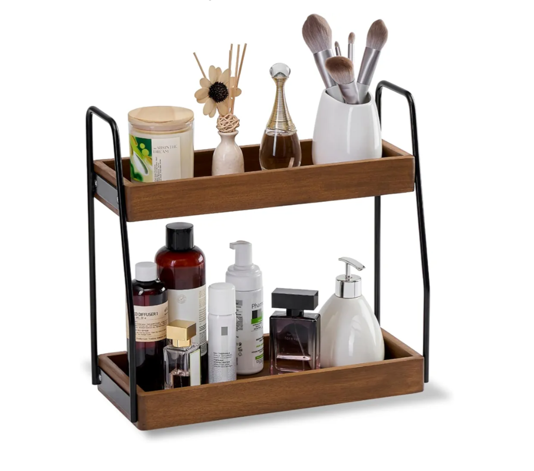 Acacia Wood 2-Tier Wooden Organizer Countertop 15.4” x 6.7” x 14.6”, Two-Tier Bathroom Organizer, Storage Organizer, Wooden Organizer, Countertop Storage Shelf (Walnut with Black Steel)