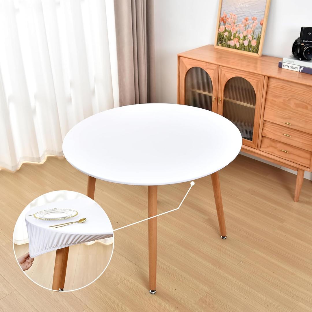 Round Fitted White Tablecloth with Elastic for 60 inch Tables No Slip Cloth Table Covers Washable Stretchy Table Cloths for Kitchen Dining Outdoor Party
