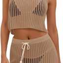 Fisoew Womens 2 Piece Crochet Sets Sleeveless Crop Tops Cover Up Beach Mini Skirt Outfits Vacation Sets, L