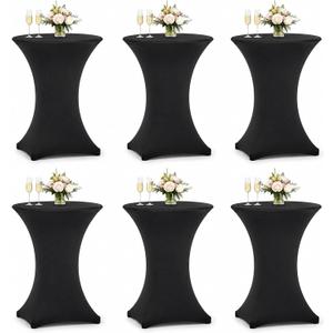 6 Pack Cocktail Table Covers - 32x43 Inch Black Fitted Stretch Spandex Round High Top Tablecloth for Party, Bar, Birthday, Pub, Banquet