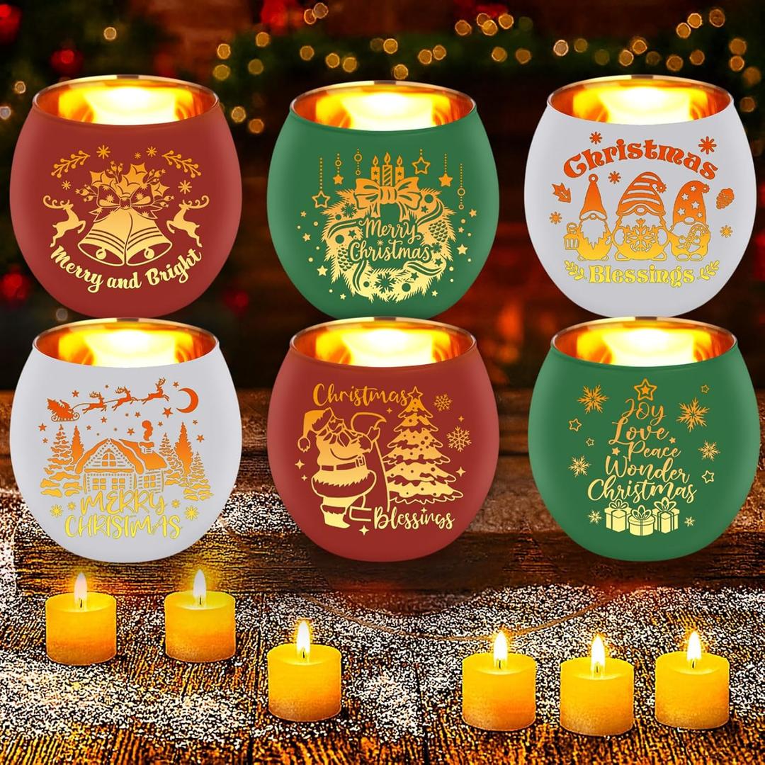 VIHOSE 6 Set Christmas Votive Candle Holders Xmas Red Green White Glass Tea Light with LED Battery Operated Candles Flameless Lights Christmas Table Decorations for Home Table Centerpiece Decor Gifts