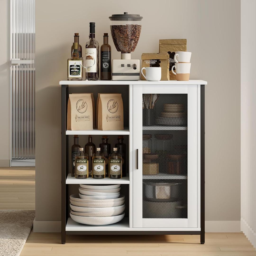 Coffee Bar Cabinet with Adjustable Shelves and Door, Rustic White, 27.5"L