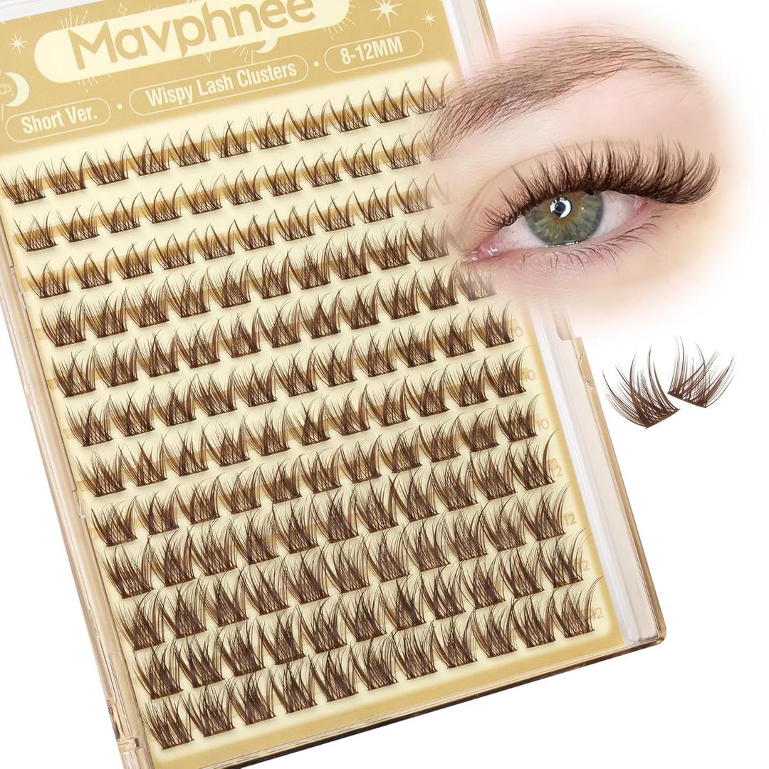 Brown Lash Clusters Short 8MM 10MM 12MM Eyelash Extensions Natural Cluster Lashes Individual Wispy Eyelash Clusters C-Curly Dark Brown Fluffy Eye Lashes Clusters Pack 132Pcs