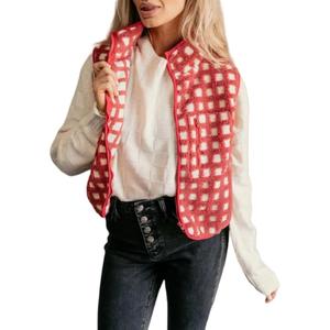 Women's Checkered Polar Fleece Vest, Sleeveless Zip Up Fleece Top Crochet Plaid Sherpa Collared Vest Size L