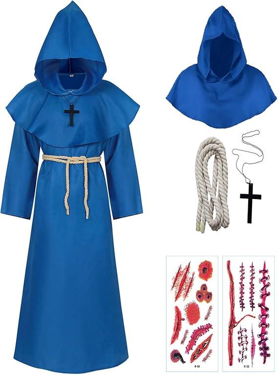 Long Hooded Cloak Friar Medieval Wizard Monk Priest Knight Robe 5pcs Set Halloween Costume Adult Teens Cape Outfit (Large, Blue)