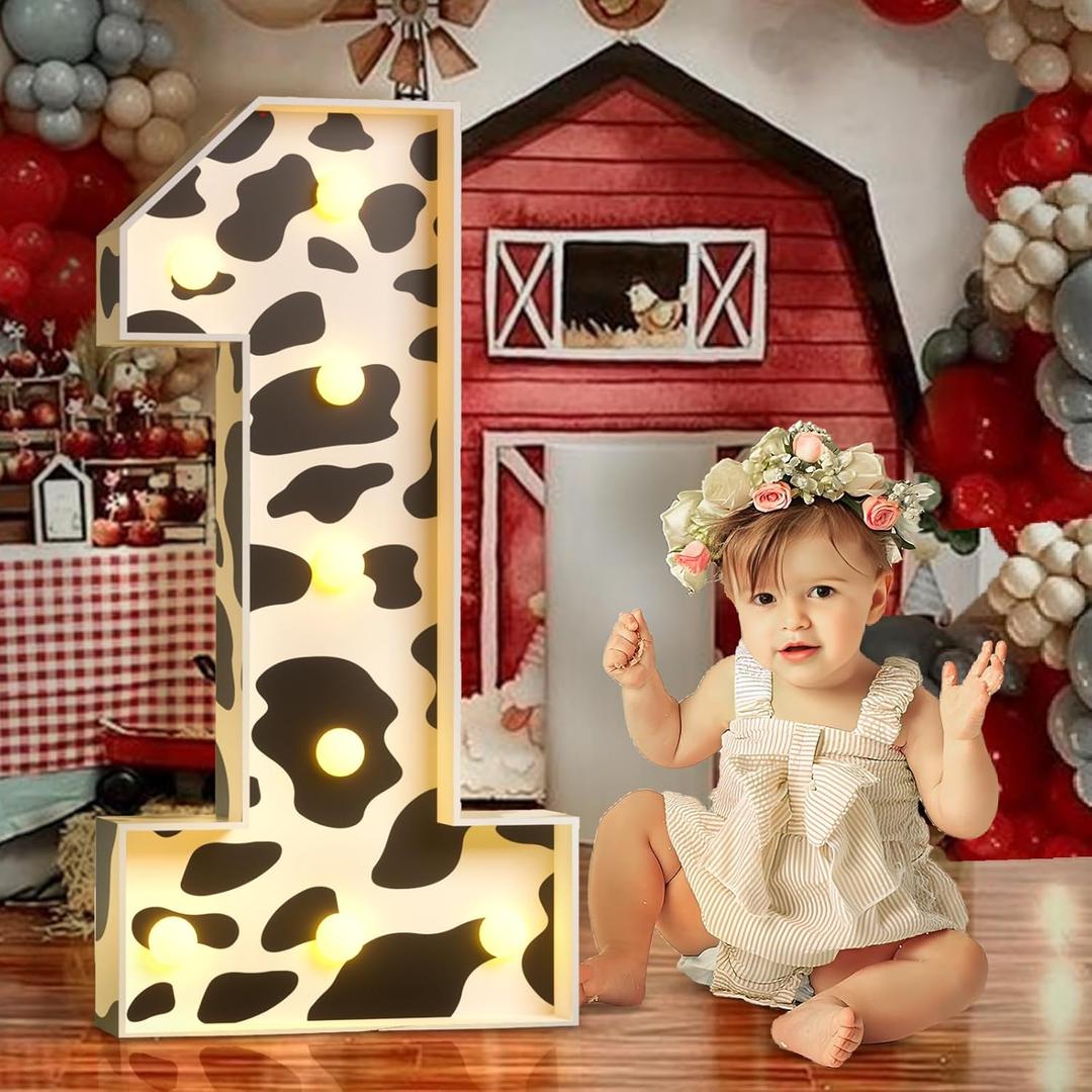 Marquee Numbers Cow 1st-Birthday Decorations: 3ft Large Light Up Numbers Holy Cow Party Decor Boy Girl First One Big Cardboard Number 1