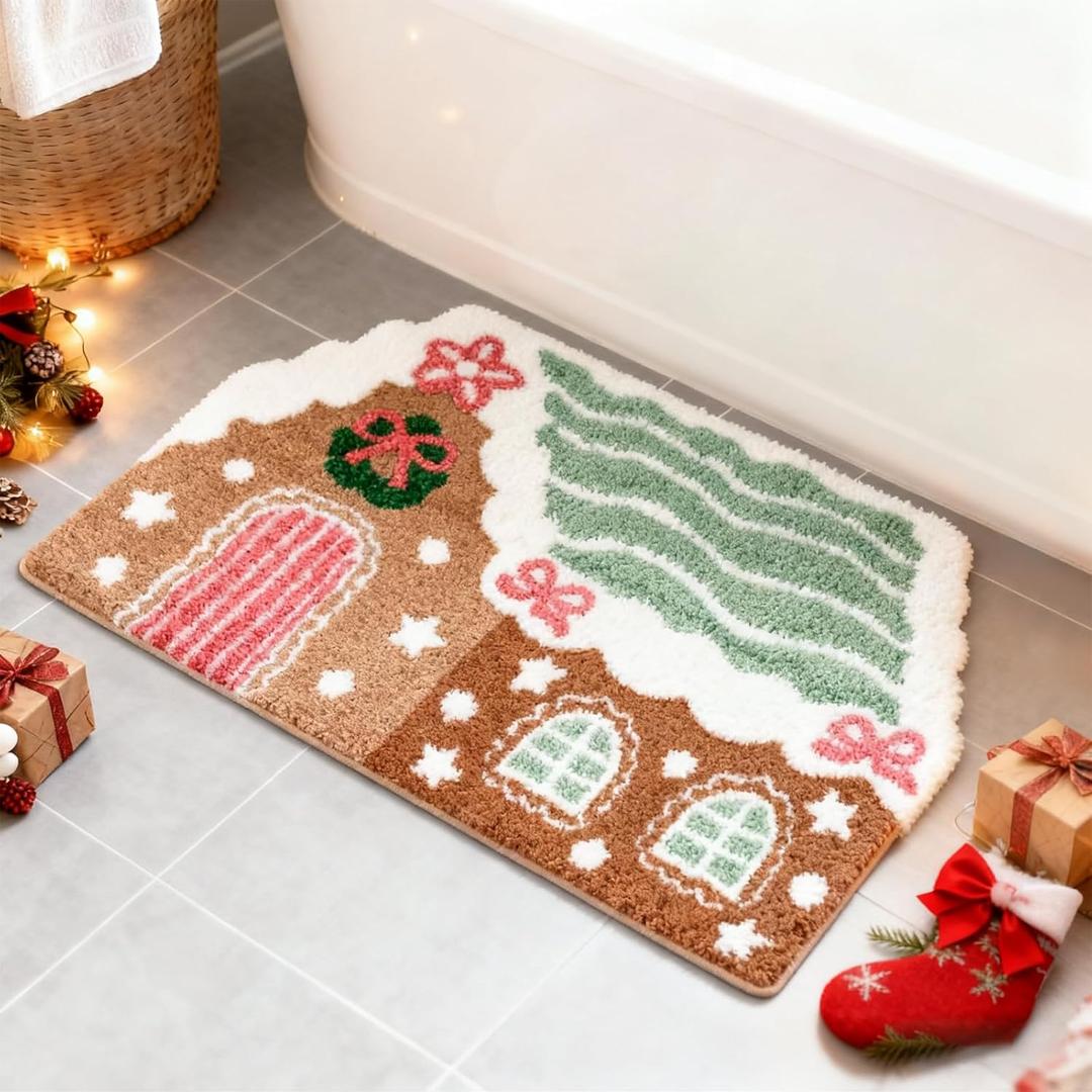 Whaline Christmas Bathroom Rug Absorbent Pastel Gingerbread House Tufted Bath Mat Non Slip Shower Rug Front Door Mat for Winter Xmas Home Room Entrance, 20" x 31.5"