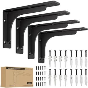 BATODA 8" x 5" L Bracket with Beam - Shelf Brackets Black 300 Lbs Capacity - Heavy Duty Shelving Brackets for Floating Shelves - Wall Mounted Support for DIY Mounting Hardware Included (Pack 4)