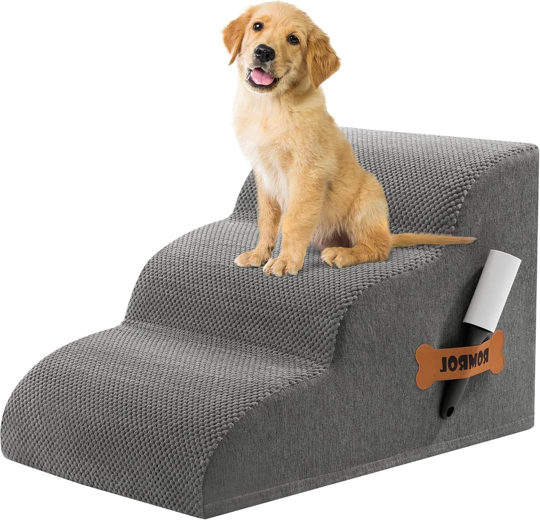 Romrol Dog Stairs Ramp for Beds Couches, 15.7 H 33D Extra Wide Pet Steps with Durable Non-Slip Waterproof Fabric Cover, Dog Slope Stairs for Small Dogs and Cats or Pets Friendly, 3-Tiers, Fleece Grey