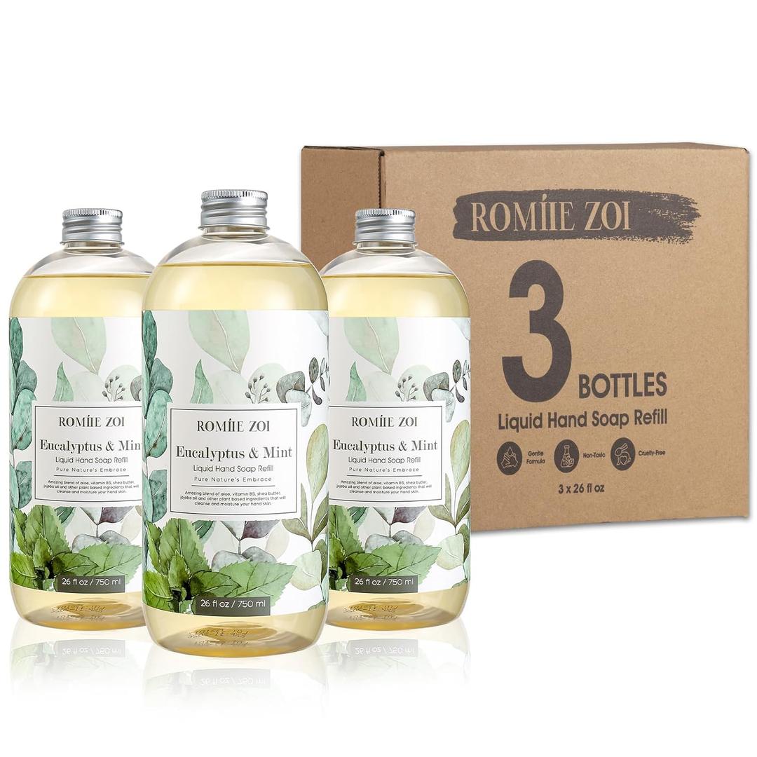 ROMIIE ZOI Eucalyptus & Mint Liquid Hand Soap Refill, Gentle & Moisturizing Formula, Natural Cruelty-Free Soap, Large 750 ML Bottles Bulk for Kitchen, Bathroom, and Dispensers (26 FL OZ, Pack of 3)
