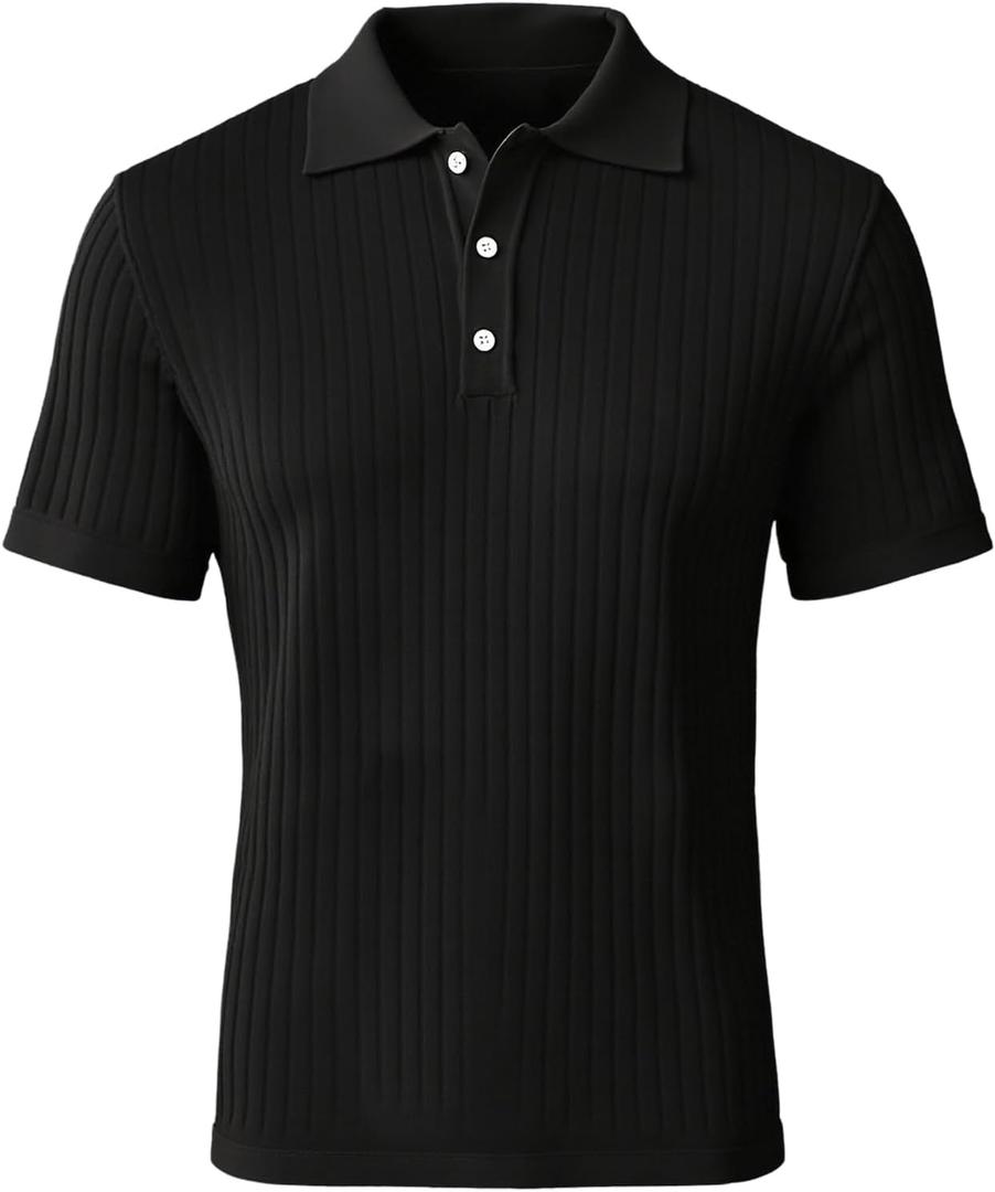SOLY HUX Men's Knit Top Ribbed Short Sleeve Button Collared Business Summer Tee Shirts