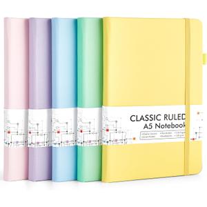feela 5 Pack Notebooks Journals Bulk, Hardcover Classic Ruled Lined Journals with Pen Holder for Women Girls School Business Supplies, with 5 Black Pens, 120 GSM, 5.1x8.3, A5, Pastel Colors