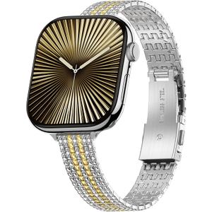 BAITEYOU Narrow Metal Band Compatible with Apple Watch Bands 38mm 40mm 41mm 42mm 44mm 45mm 46mm 49mm (Series 11 10 9 8 7 6 5 4 3 2 1 SE Ultra), Dressy Thin Stainless Steel iWatch Bands for Women (Silver/Gold New)