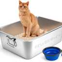 Stainless Steel Litter Box with Handle for Cat and Rabbit, 17.5" L x 13.5" W x 6" H, Odor Control Litter Pan, Fold-able Feeding Plate, Non Stick Smooth Surface