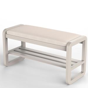 Wuditure Solid Wood Shoe Rack, 2 Tier Shoe Storage Bench with Cushion Seat, 8 Pair Shoe Organizer for Entryway, White, 32 Inch