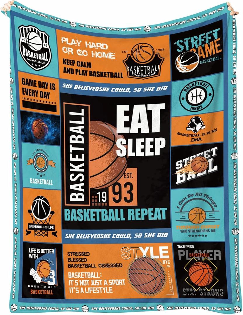 Basketball Throw Blanket 60 x 50 Soft Flannel Fleece Sports Room Decor for Boys & Girls, Teen Collage Poster Style, Cozy Couch/Bed Throw, Machine Washable Gift for Basketball Fans