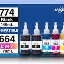 Spaceink 774 664 Ink Refill Bottles for ET-2650 ET-2550 ET-16500 ET-4500 ET-4550 ET-2500 ET-2600 ET-3600 ET-14000 Printers (2 Black Cyan Magenta Yellow 5 Pack)