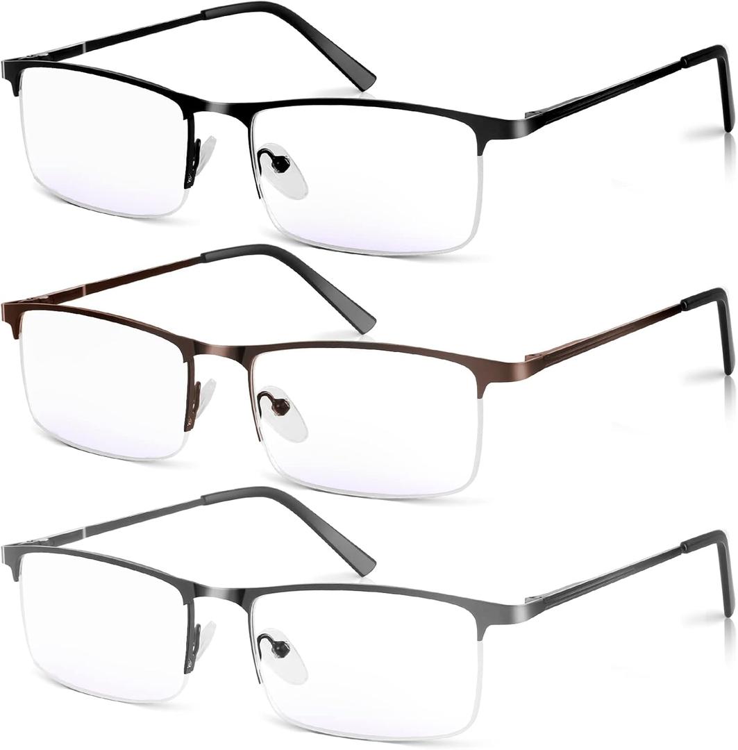 3 Pack Blue Light Blocking Reading Glasses for Men, Stylish Half Frame Metal Computer Readers, Lightweight Spring Hinge Eyeglasses Anti Eyestrain/Glare/UV (Mix Color, Black+Grey+Brown, 2.0)