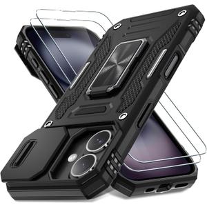 DEERLAMN Case for iPhone 16 with Slide Camera Cover+Screen Protector (2 Packs), Rotated Ring Kickstand Military Grade Shockproof Protective Cover-Black