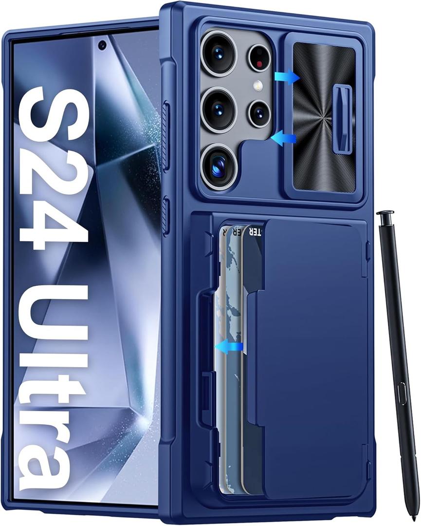 Vizvera for Samsung Galaxy S24 Ultra Case Wallet,RFID Cards Holder & Camera Cover & Kickstand for Women Men, Full Body Rugged Shockproof Silicone Case for S24 Ultra 6.8" 2024 Only(Blue)