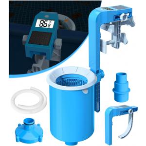 BluSwim Above Ground Pool Skimmer with Solar Digital Thermometer | Wall Mount Surface Skimmer - Auto Skimming Pool Floating Debris | 2 Upgraded Bracket - More Stable & Height Adjustable
