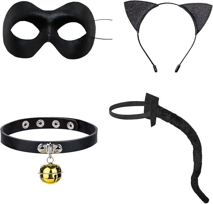 Black Cat Costume - 4PCS Ears, Tail, Eye Cover, Bell Choker - Cartoon Cat Cosplay for Kids & Adults Age 8-50