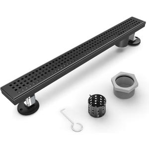 24-Inch Linear Shower Drain Offset Outlet, Matte Black Shower Floor Drain