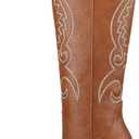 VOMIRA Knee High Cowboy Boots for Women Pointed Toe Chunky High Heels Pull-on Embroidered Boots Western Boots Wide Calf Cowgirl Boots (7, Brownpu)