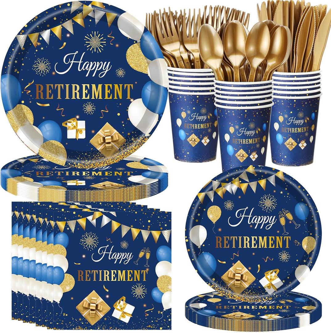 400 Pcs Happy Retirement Party Supplies Blue Gold Retirement Disposable Paper Plates Napkins and Cups for Men Women Say Goodbye Decorations