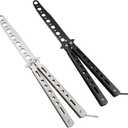 Little World Butterfly Knife - 2 Pack Butterfly Knife Trainer Practice Tool Steel Metal - Folding Unsharpened Comb for Practicing Flipping Tricks, Balisong Trainer Black & Silver