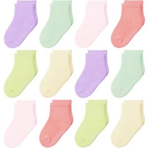 12 Pack Non Slip Kids Toddler Baby Socks with Grips for 1-7 Years Boys Girls Cotton Crew Socks Multi Colors (Pink/Blue/Green/Yellow/Orange/Purple)
