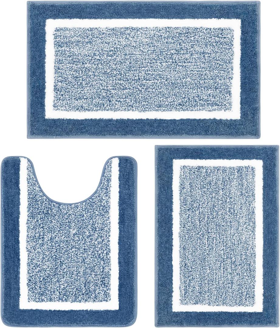 Pauwer Bathroom Rug Sets - 3 Piece Shower Mats with U-Shaped Contour Toilet Mat, Absorbent Microfiber Plush Bath Mats, Non Slip, Machine Washable Shaggy Floor Mats (18"x26"+20"x32"+U Shape 20"x24", Blue)