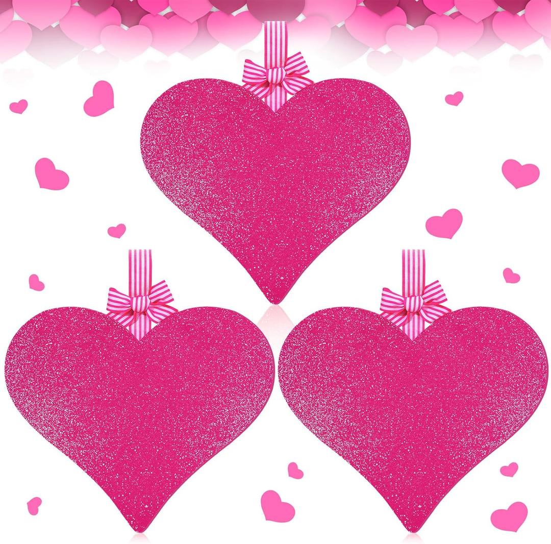 2 x RattanView 3 Pcs Valentines Door Decorations Valentines Heart Door Hanger Ornaments Rose Red Glitter Heart Shaped Wooden Hanging Sign 11 x 12 Inch for Home Wall Porch Wedding Birthday Wreath Crafts