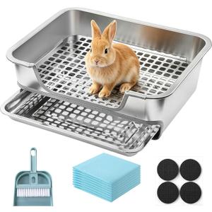 MCEAST Extra Large Stainless Steel Rabbit Litter Box, Pull-Out Bunny Potty Pan with Metal Grid, Rabbit Cage Bathroom Set Includes Pee Pads Cleaning Set for Small Animals (17.7" x 13.8" x 5.9")