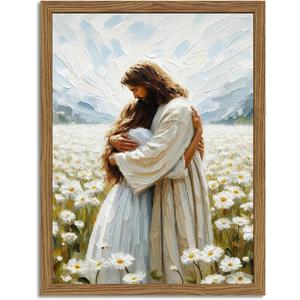 Framed 3D Textured Jesus Embracing Woman Wall Art, Jesus Hugging Woman Wall Decor Hand Drawn Sandstone Religious Christian Bible Painting Pictures for Bedroom, Living Room, Prayer Room, 12x16 In, Wood Framed (Color Jesus Embrace)