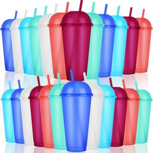 Hsei Reusable Glitter Tumbler Cups with Dome Lids and Straws 24 oz Plastic Tumbler Iced Coffee Cup Mug for Travel Birthdays Party Supplies(Cute Color, 24 Pack)
