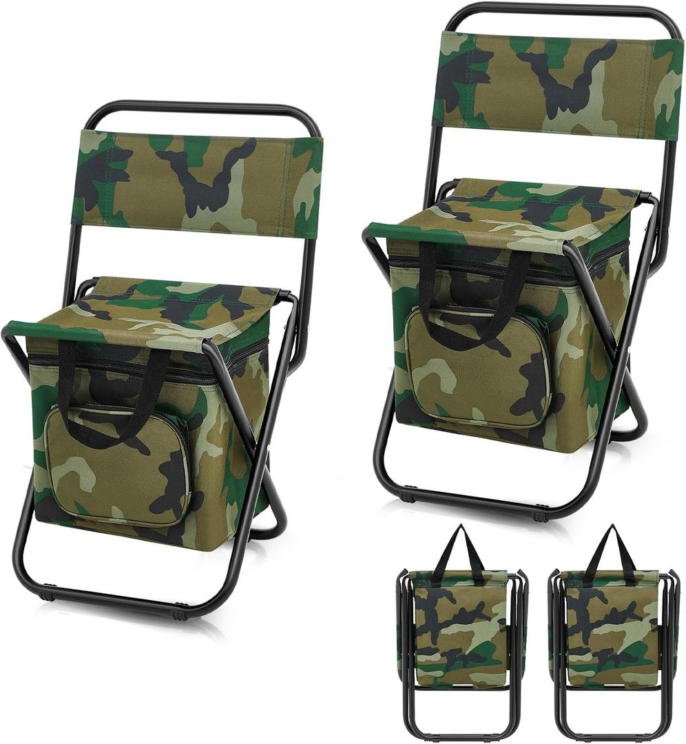 Jerify 2 Pcs Fishing Chair with Cooler Bag Multi-Function Foldable Compact Fishing Stool Hunting Chair Portable Backrest Stool with Folding Backpack for Finishing Camping Hunting Travel(Camo Color), 1.15 x 0.92 x 1.9 feet