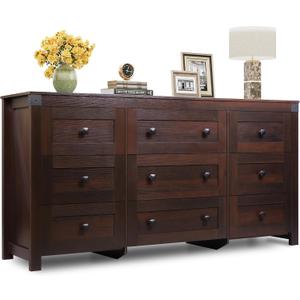 WLIVE Farmhouse Dresser for Bedroom, 63" Wide 9 Drawer Dresser Storage Organizer, Wood Chest of Drawers for Bedroom, TV Stand for 70 inch TV for Living Room, Hallway, Ball Bearing Slide (Brown)