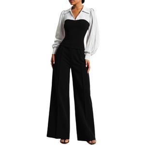LAJIOJIO Women's 2 Piece Outfits Casual V Neck,Puff Long Sleeve Tops and Wide Leg Pants Sets with Pockets