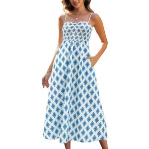 Gardenwed Women's Floral Print Maxi Dress,Spaghetti Strap Smocked Bodice A-Line Sundress with Pockets (Blue, M)