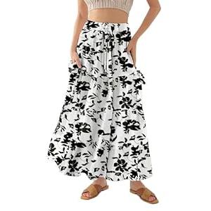 Bsubseach Women's Maxi Skirts 2026 Summer Boho Elastic High Waist Floral Print Pleated Ruffle Flowy Long Skirt with Pockets Print Black, Large