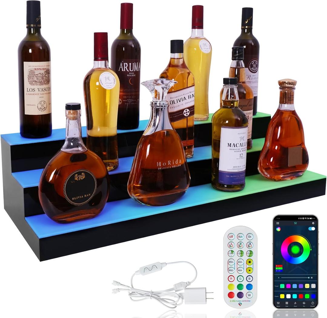 LED Lighted Liquor Bottle Display Shelf, 3 Tiers 30 Inch Acrylic Bar Bottle Display Shelf with RF Remote & App Control for Home Bar Party Whiskey Wine Coffee Syrup Water Bottles Display