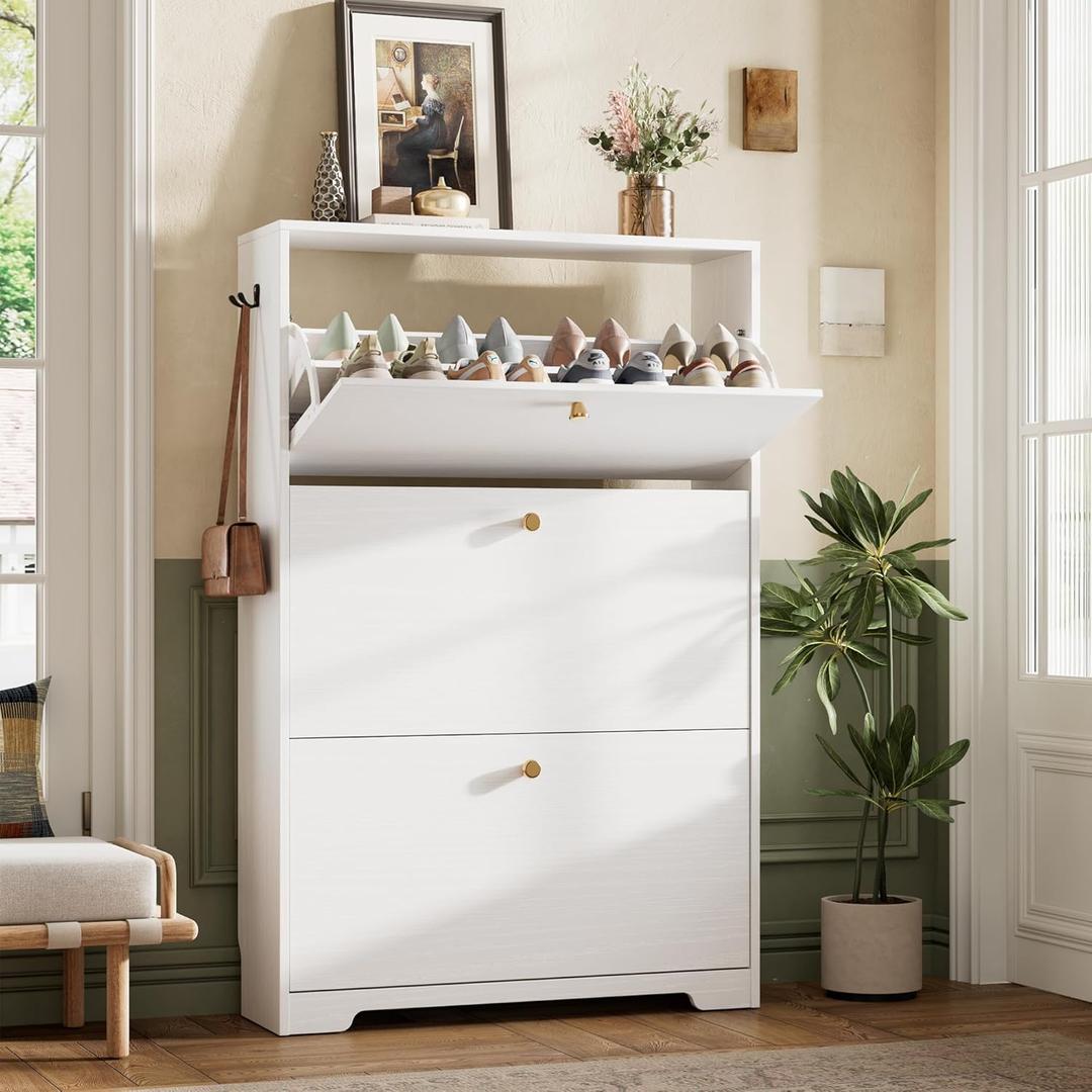 Nicetree Shoe Cabinet with 3 Flip Drawers, Narrow Shoe Organizer Cabinet, Freestanding Shoe Rack Cabinet, Morden Shoe Storage Cabinet for Entryway, Hallway, Foryer, White