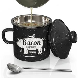 PGYARD Mini Bacon Grease Container With Strainer - 15OZ Enamel Grease Saver, Farmhouse Bacon Grease Keeper For Kitchen Fat Storage, Dishwasher Safe-Black