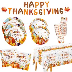 Fall Thanksgiving Party Supplies Kit - Pumpkin Harvest-Themed Disposable Dinnerware Set with Plates, Napkins, Cups, Tablecloth & Banner for 25 - for AutumnThanksgiving Party Decoration