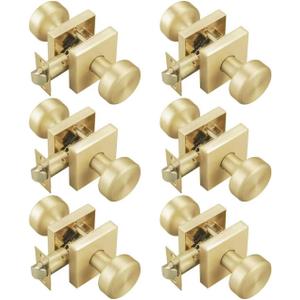 6 Pack Brushed Gold Door Knobs Interior, Pismo Doorknob with Square Rosette for Hall (Satin Brass)