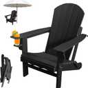Folding Adirondack Chair, Realistic Wood Texture, No Fade, All Weather Outdoor Adirondack Patio Chairs with Cup Holder for Porch, Deck, Poolside (Black)