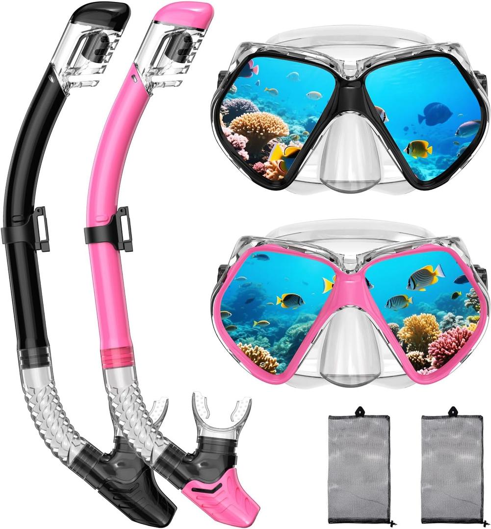 2 Pack Snorkeling Gear for Adults, Dry Snorkel, Mask Set Adult, Diving Scuba Mask, Scuba Gear, Swimming Goggles with Nose Cover, Swim Freediving Tempered Glass Panoramic View Travel Packages (Black+Pink)