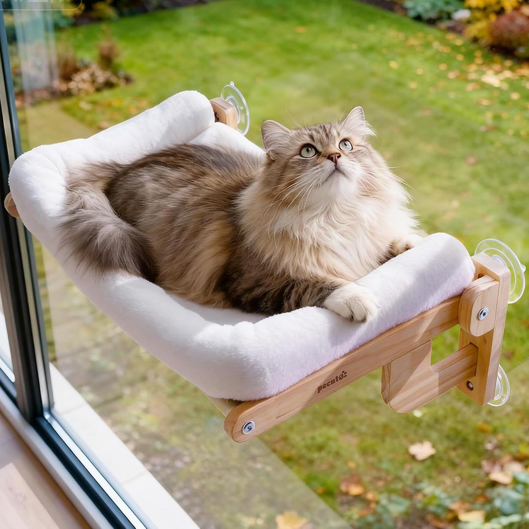 Pecute Foldable Cat Window Perch, Cloud-Soft Cat Bed with Solid Wood Frame, Strong Suction Cup, Washable Cushion, Stable Large Cats Hammock with Sided Bolster, Cats Perch Indoor for Sunbathing, White